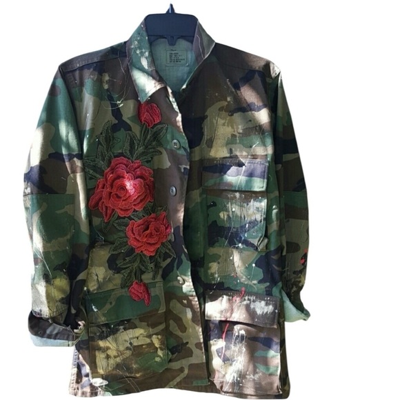 Jackets & Blazers - Custom Designed Camouflage Jacket Red Roses S
